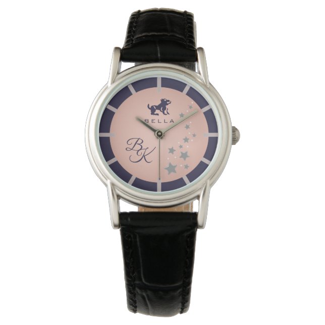 Zodiac Leo Elegant Rosé Pink Dark Blue Monogrammed Watch (Front)