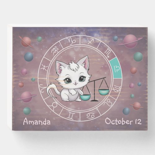 Zodiac Libra Cute Cat Wheel Planet Astrology   Wooden Box Sign
