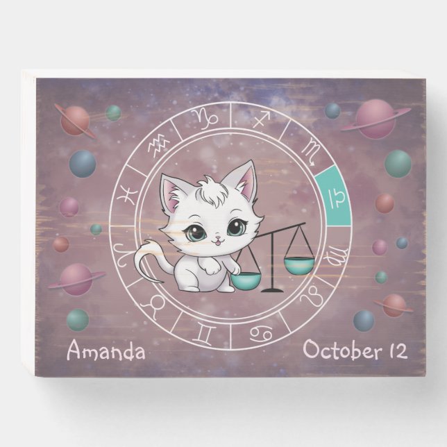 Zodiac Libra Cute Cat Wheel Planet Astrology   Wooden Box Sign (Front Horizontal)