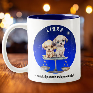 Zodiac Libra Cute Watercolor Dog custom name date Two-Tone Coffee Mug