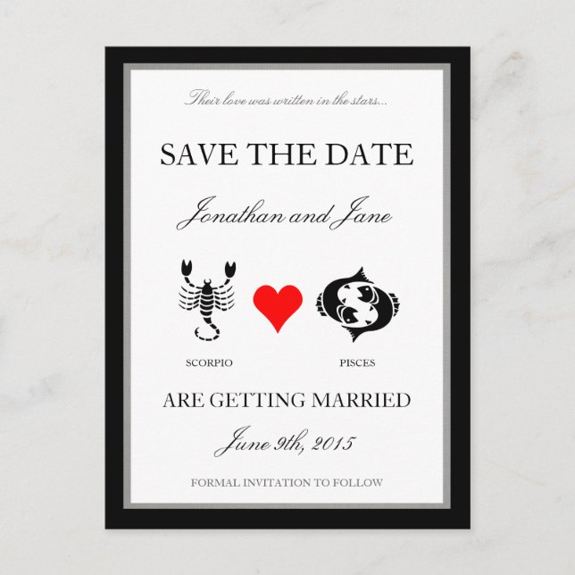 Zodiac Love Save the Date (Scorpio/Pisces) Announcement Postcard (Front)