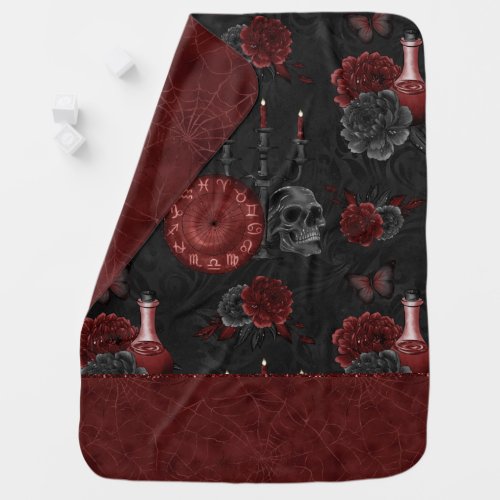 Zodiac Magic Crimson  Henna Red Gothic Skull Rose Baby Blanket