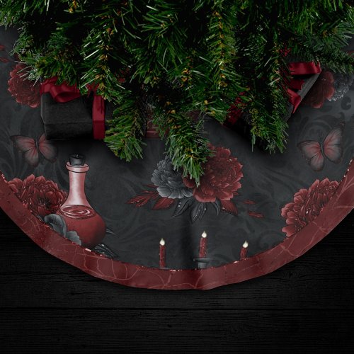 Zodiac Magic Crimson  Henna Red Gothic Skull Rose Brushed Polyester Tree Skirt