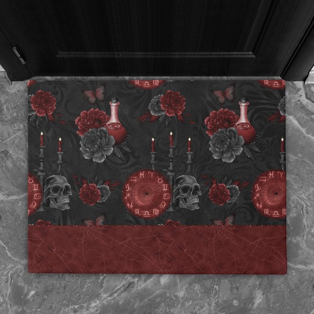 Zodiac Magic Crimson | Henna Red Gothic Skull Rose Doormat (Creator Uploaded)