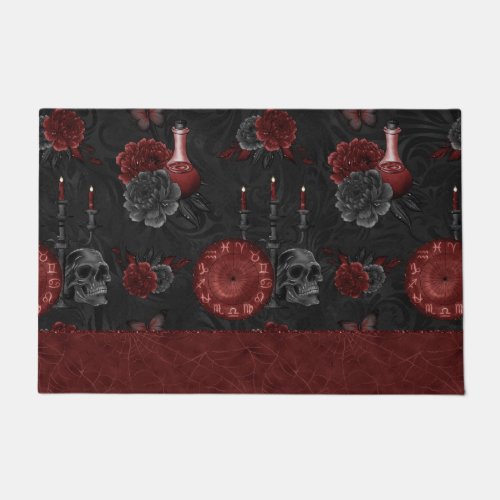 Zodiac Magic Crimson  Henna Red Gothic Skull Rose Doormat