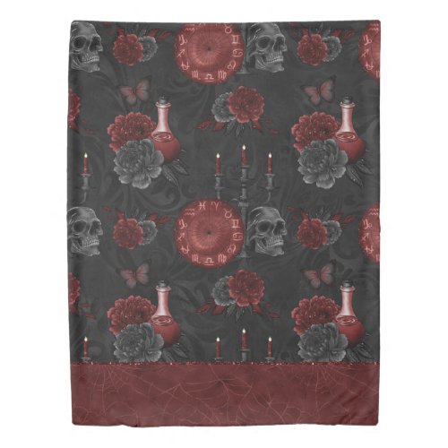 Zodiac Magic Crimson  Henna Red Gothic Skull Rose Duvet Cover