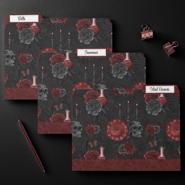 Zodiac Magic Crimson | Henna Red Gothic Skull Rose File Folder (Creator Uploaded)