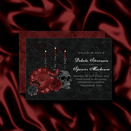Zodiac Magic Crimson  Henna Red Gothic Skull Rose Invitation