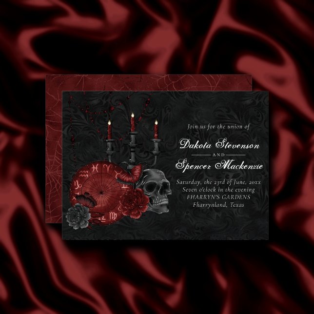 Zodiac Magic Crimson | Henna Red Gothic Skull Rose Invitation (Creator Uploaded)