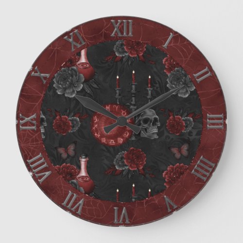 Zodiac Magic Crimson  Henna Red Gothic Skull Rose Large Clock