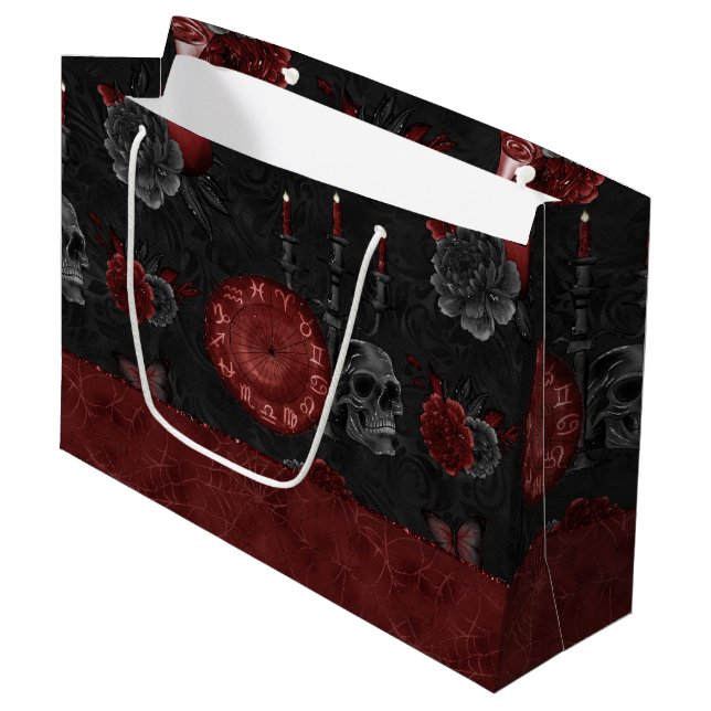 Zodiac Magic Crimson | Henna Red Gothic Skull Rose Large Gift Bag (Front Angled)