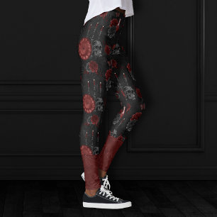 Zodiac Magic Crimson Henna Red Gothic Skull Rose Leggings