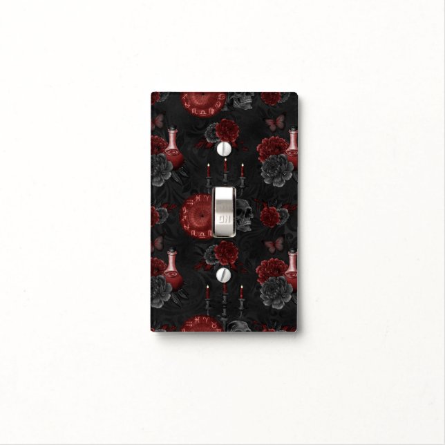 Zodiac Magic Crimson | Henna Red Gothic Skull Rose Light Switch Cover (In Situ)