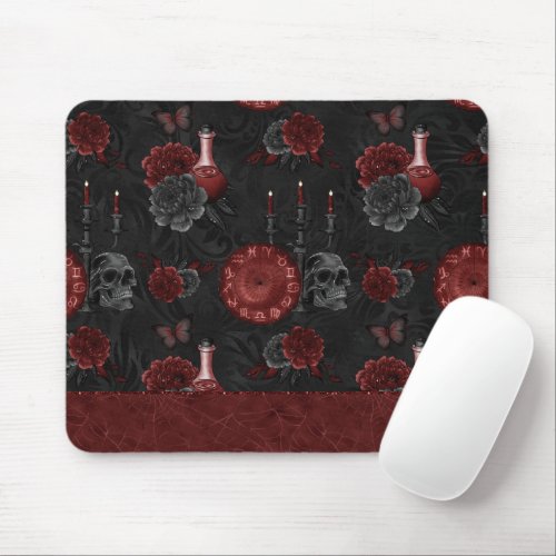 Zodiac Magic Crimson  Henna Red Gothic Skull Rose Mouse Pad