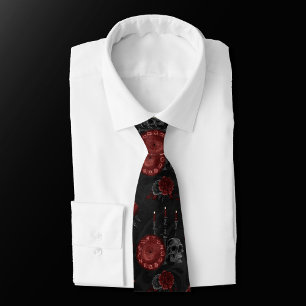 Zodiac Magic Crimson Henna Red Gothic Skull Rose Neck Tie