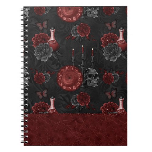 Zodiac Magic Crimson  Henna Red Gothic Skull Rose Notebook