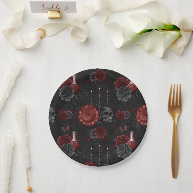 Zodiac Magic Crimson | Henna Red Gothic Skull Rose Paper Plates (Wedding)
