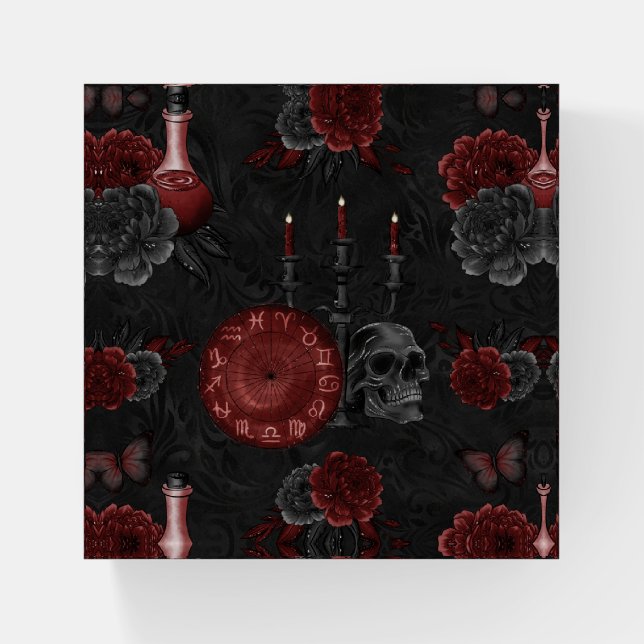 Zodiac Magic Crimson | Henna Red Gothic Skull Rose Paperweight (Front)