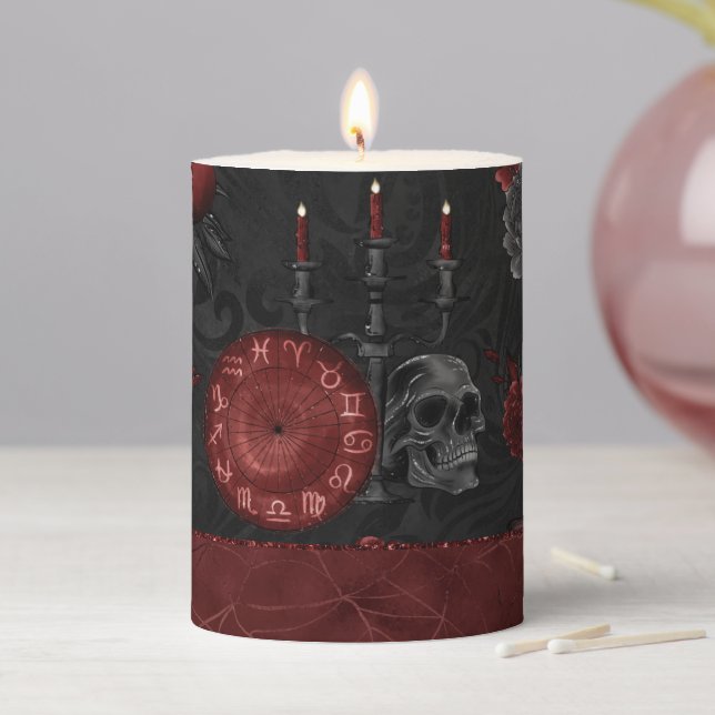 Zodiac Magic Crimson | Henna Red Gothic Skull Rose Pillar Candle (In Situ)
