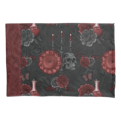 Zodiac Magic Crimson  Henna Red Gothic Skull Rose Pillow Case