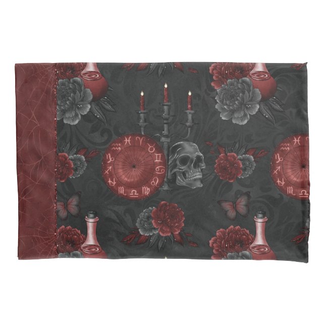 Zodiac Magic Crimson | Henna Red Gothic Skull Rose Pillow Case (Front)