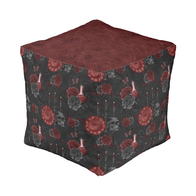 Zodiac Magic Crimson | Henna Red Gothic Skull Rose Pouf (Angled Front)