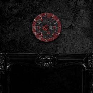 Zodiac Magic Crimson Henna Red Gothic Skull Rose Round Clock