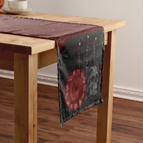 Zodiac Magic Crimson  Henna Red Gothic Skull Rose Short Table Runner