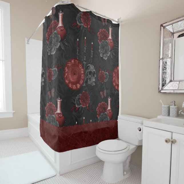 Zodiac Magic Crimson | Henna Red Gothic Skull Rose Shower Curtain (In Situ)
