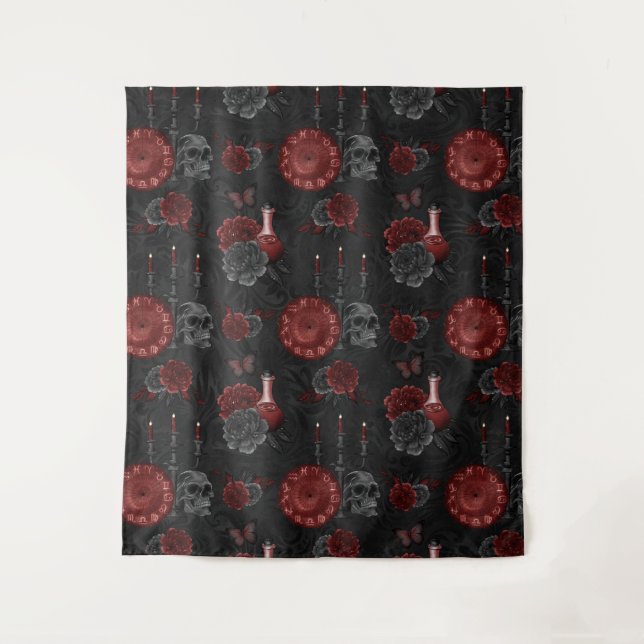 Zodiac Magic Crimson | Henna Red Gothic Skull Rose Tapestry (Front)