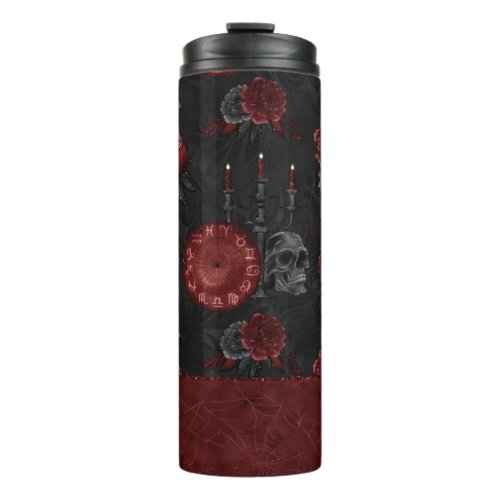 Zodiac Magic Crimson  Henna Red Gothic Skull Rose Thermal Tumbler