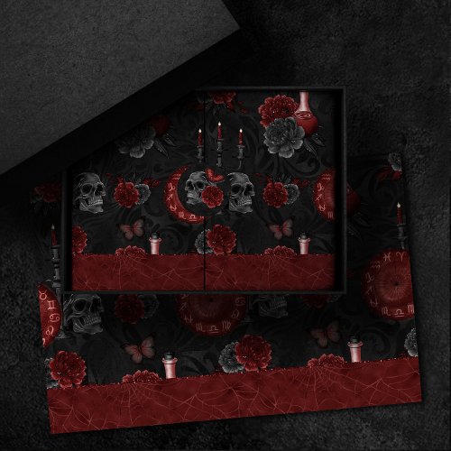 Zodiac Magic Crimson  Henna Red Gothic Skull Rose Tissue Paper
