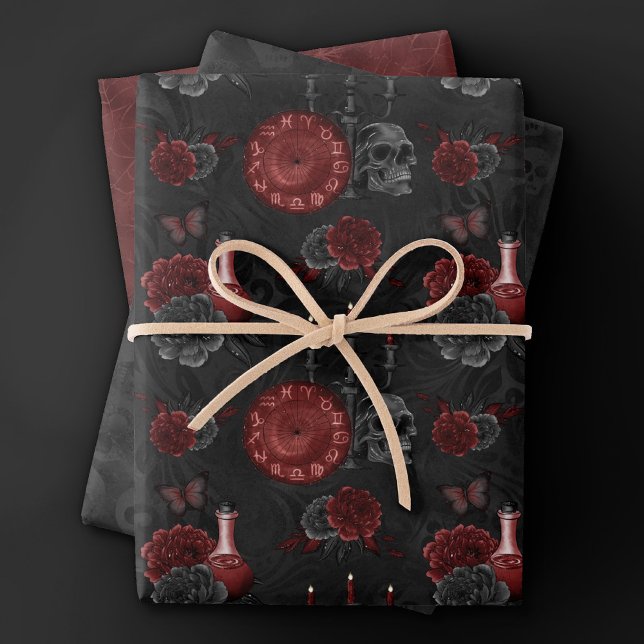 Zodiac Magic Crimson | Henna Red Gothic Skull Rose Wrapping Paper Sheets (Creator Uploaded)
