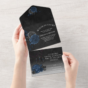 Zodiac Magic Dark Navy Blue Gothic Skull Roses All In One Invitation