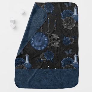 Zodiac Magic Dark Navy Blue Gothic Skull Roses Baby Blanket