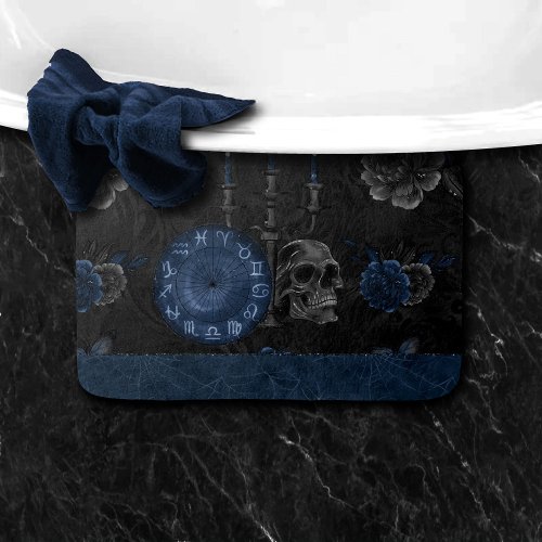 Zodiac Magic  Dark Navy Blue Gothic Skull Roses Bath Mat