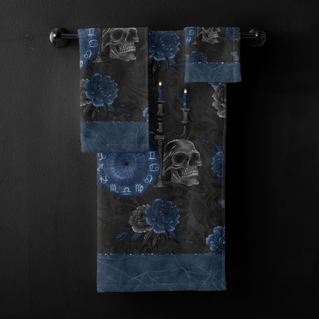 Zodiac Magic | Dark Navy Blue Gothic Skull Roses Bath Towel Set (Creator Uploaded)