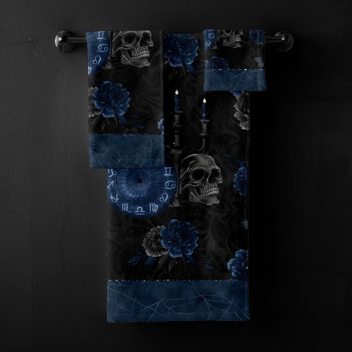 Zodiac Magic  Dark Navy Blue Gothic Skull Roses Bath Towel Set