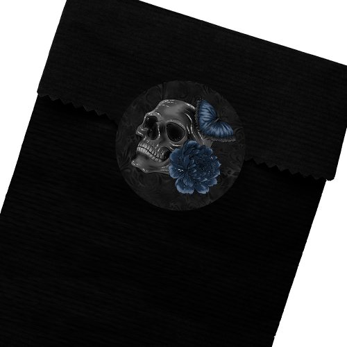 Zodiac Magic  Dark Navy Blue Gothic Skull Roses Classic Round Sticker