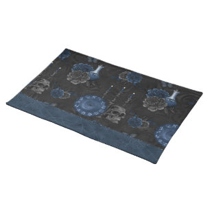 Zodiac Magic Dark Navy Blue Gothic Skull Roses Cloth Placemat