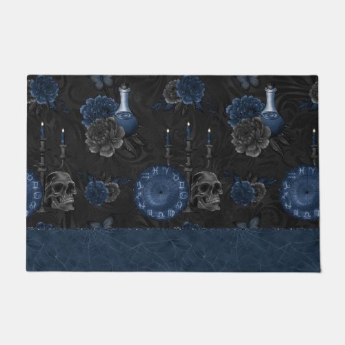 Zodiac Magic  Dark Navy Blue Gothic Skull Roses Doormat