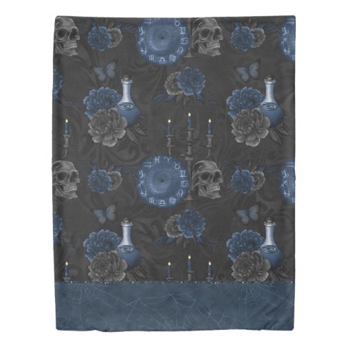 Zodiac Magic  Dark Navy Blue Gothic Skull Roses Duvet Cover