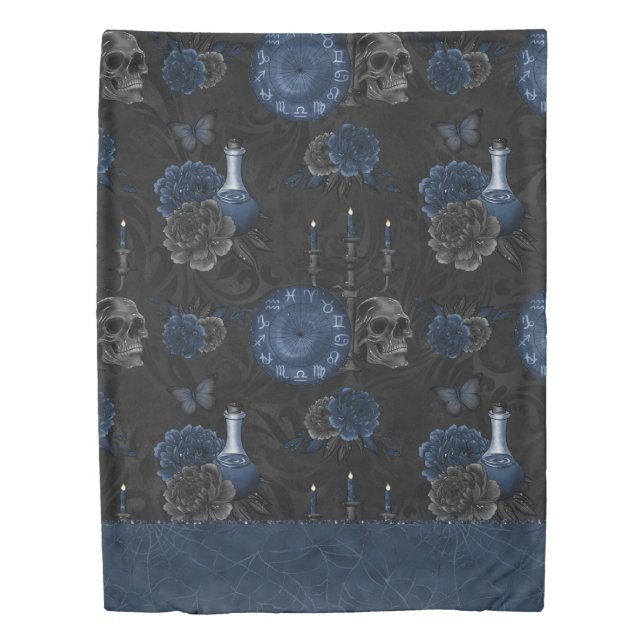 Zodiac Magic | Dark Navy Blue Gothic Skull Roses Duvet Cover (Front)