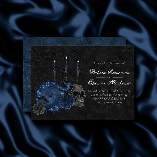 Zodiac Magic  Dark Navy Blue Gothic Skull Roses Invitation