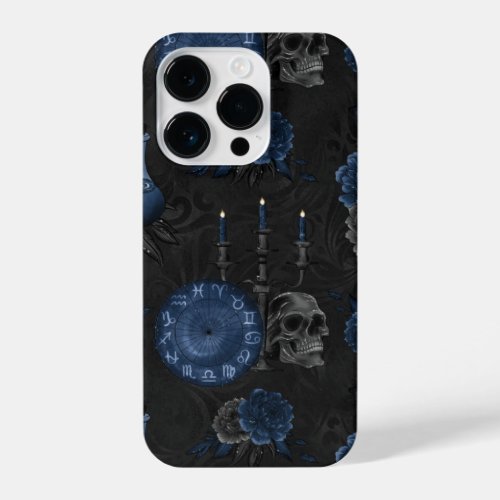 Zodiac Magic  Dark Navy Blue Gothic Skull Roses iPhone 14 Pro Case