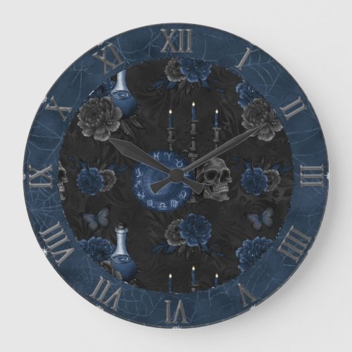 Zodiac Magic  Dark Navy Blue Gothic Skull Roses Large Clock