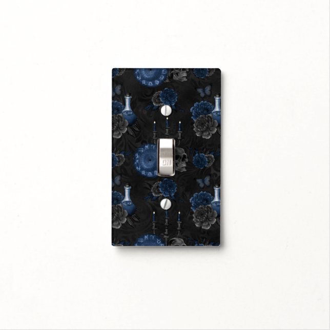 Zodiac Magic | Dark Navy Blue Gothic Skull Roses Light Switch Cover (In Situ)