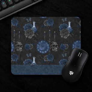 Zodiac Magic   Dark Navy Blue Gothic Skull Roses Mouse Pad