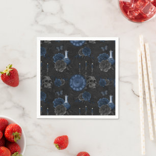 Zodiac Magic Dark Navy Blue Gothic Skull Roses Napkins