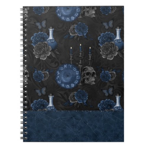 Zodiac Magic  Dark Navy Blue Gothic Skull Roses Notebook